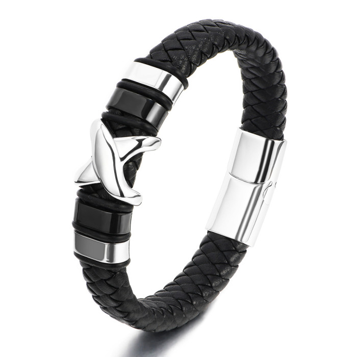 New Retro Letter X Stainless Steel Leather Woven Bracelet Fashion Men's Titanium Steel Bangle Jewelry in Stock