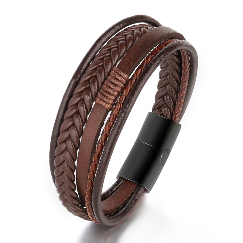 European and American Style Personalized Stainless Steel Bracelet Handmade Woven Rope Bracelet Titanium Steel Leather Bracelet Men's Bracelet