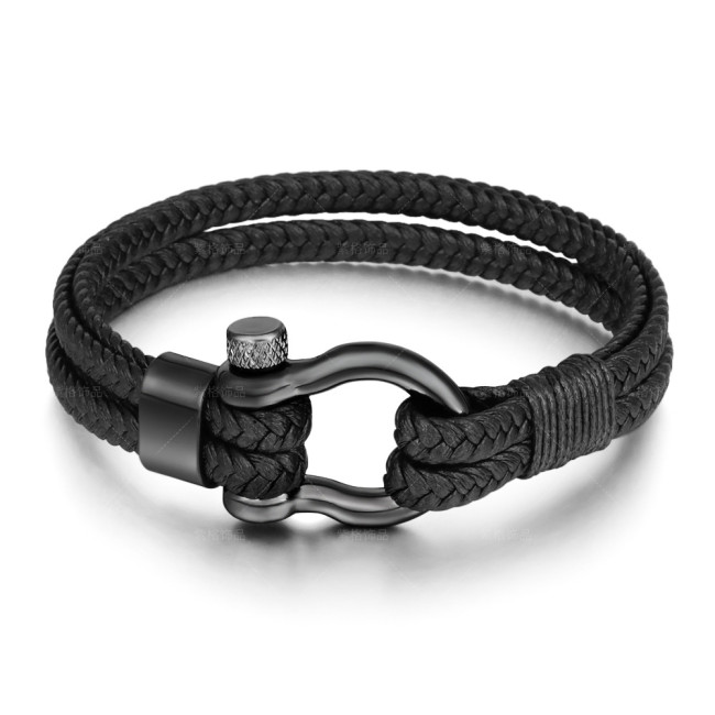 Cross-Border New Product Leather Rope Braided Horseshoe Buckle Stainless Steel Bracelet Men's Accessories Titanium Steel Retro Jewelry European and American Bracelet