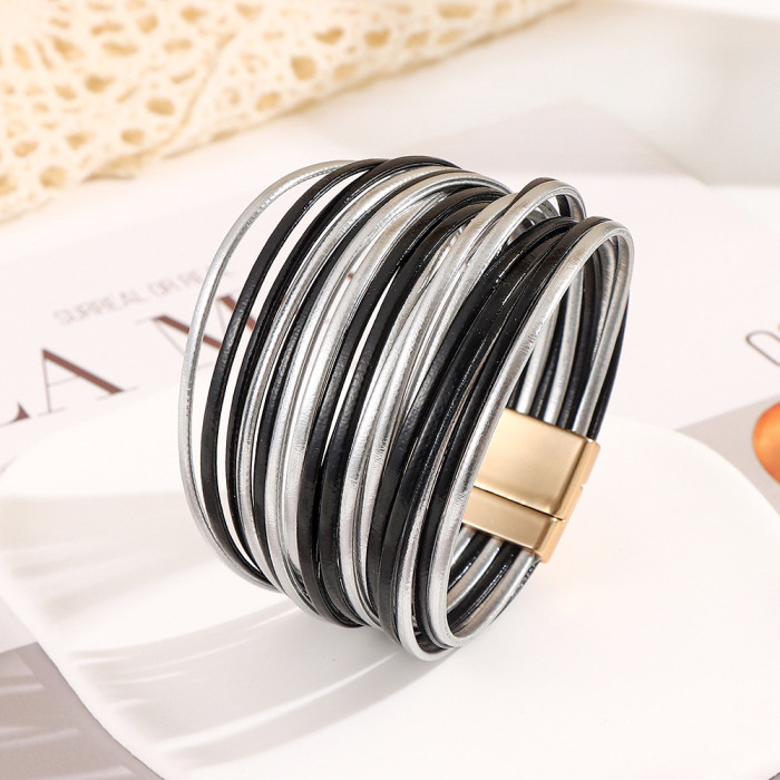 Amazon New European and American Fashion Multi-layer PU Leather Stackable Women's Bracelet Versatile European and American Style Personality Bangle