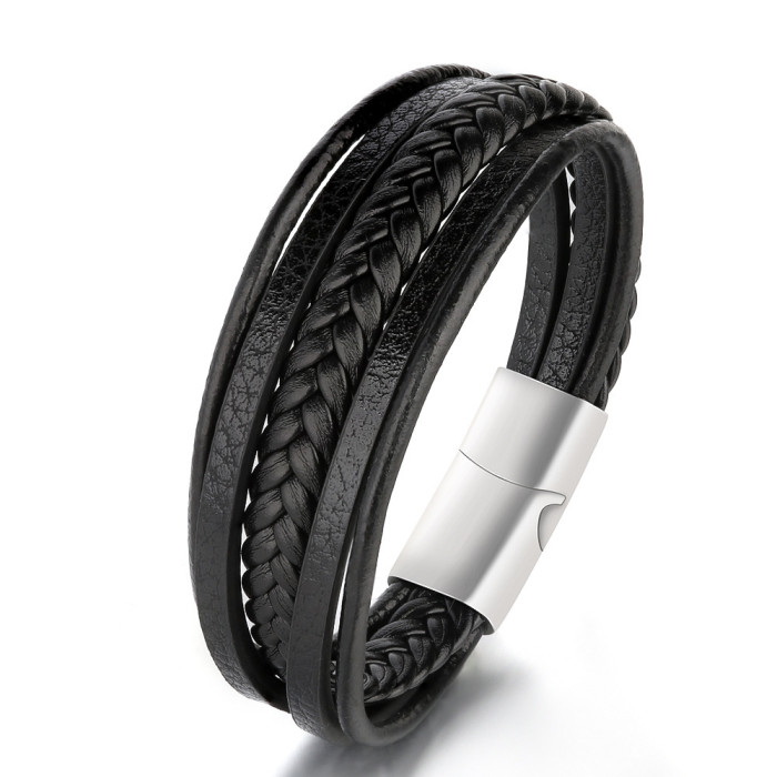 E-commerce Vintage Cowhide Rope Bracelet Hand-woven Leather Stainless Steel Bracelet Titanium Steel Men's Bracelet