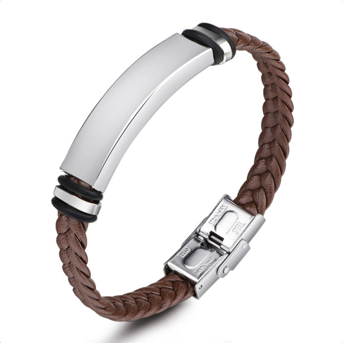 Amazon New Handmade Woven Leather Simple Titanium Steel Men's Bracelet Stainless Steel Bangle In Stock Engravable