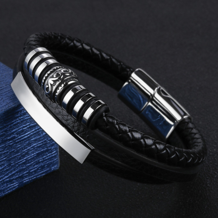 Amazon Cow Leather Woven Stainless Steel Bracelet Men's Titanium Steel Bangle Jewelry New Arrival Accessories