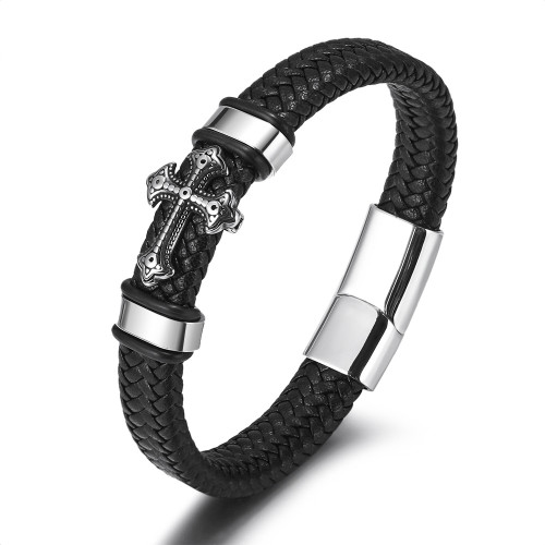 Amazon Leather Simple Handmade Woven Leather Stainless Steel Cross Bracelet Men's Titanium Steel Vintage Bangle