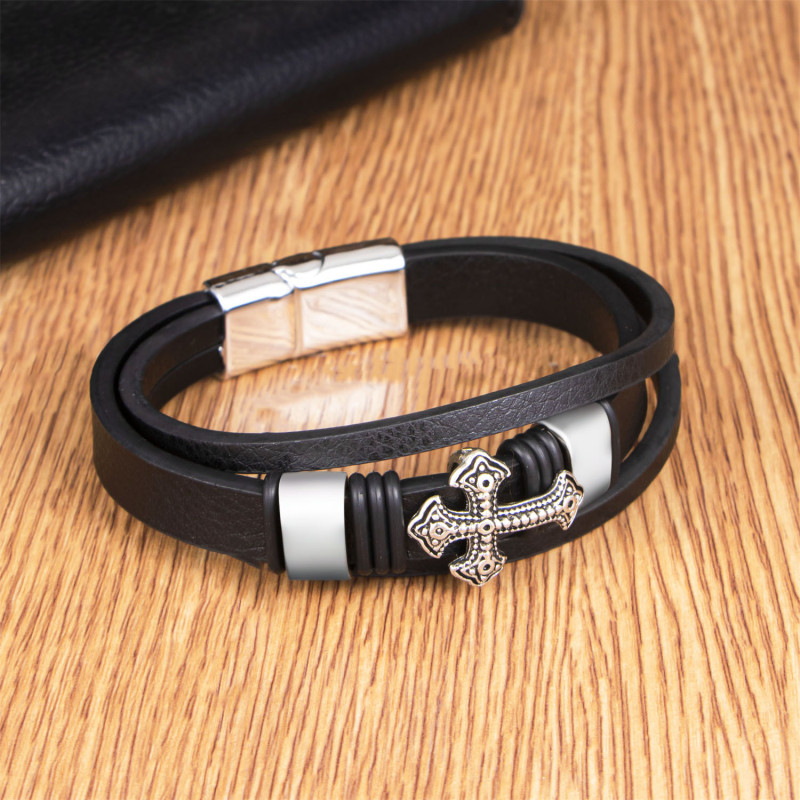 Fashion Simple Leather Multi-layer Bracelet Vintage Versatile Cross Bracelet Men's European and American Style Alloy Magnetic Clasp Jewelry