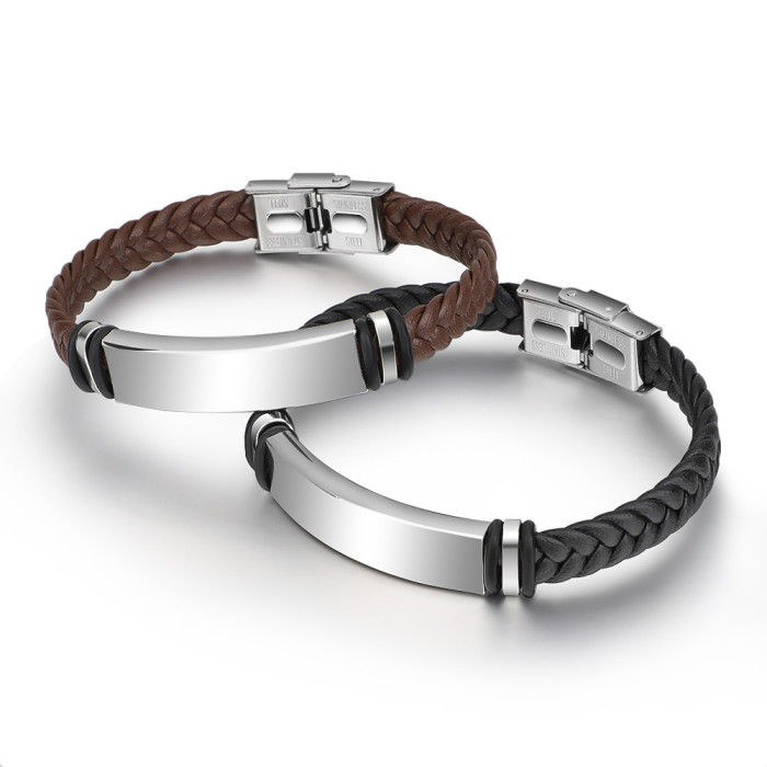 Amazon New Handmade Woven Leather Simple Titanium Steel Men's Bracelet Stainless Steel Bangle In Stock Engravable