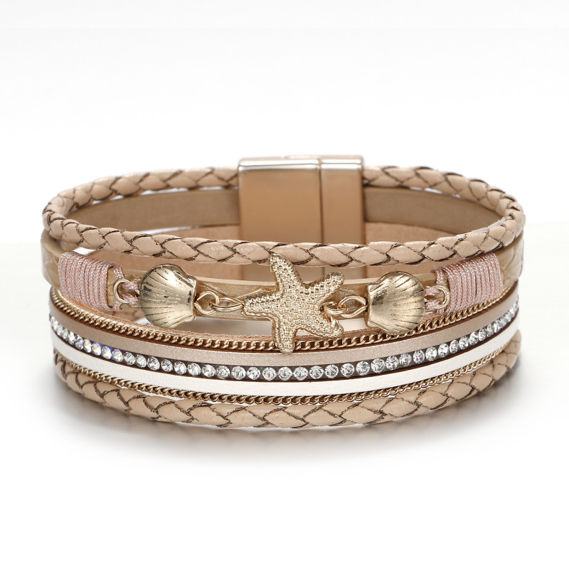 Cross-Border E-commerce European and American Style Multi-Layer Woven Leather Starfish Shell Bracelet for Women with Rhinestone Magnetic Clasp Wholesale