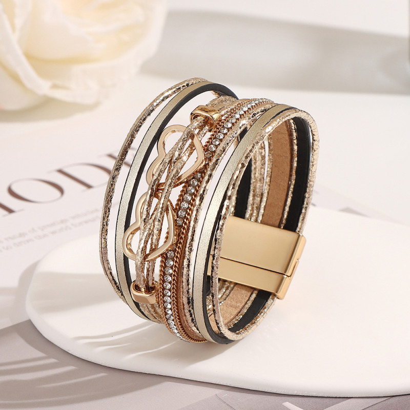 Cross-Border Hot-Selling Fashion Multi-Layer PU Leather Woven Bracelet for Women Heart-Shaped Creative Magnetic Clasp Bracelet Jewelry In Stock