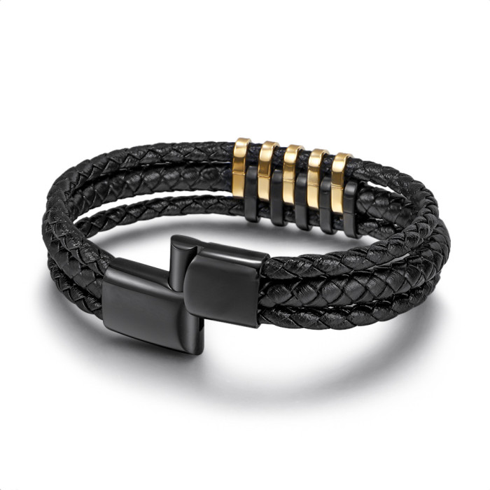 Amazon Retro Leather Stainless Steel Foreign Trade Bracelet Wholesale Men's Domineering Titanium Steel Fashion Handma...