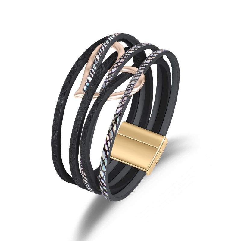 New Cross Leather Women's Bracelet Metal Heart Bracelet Vintage Leopard Alloy Magnetic Clasp Multi-layer Leather Bangle