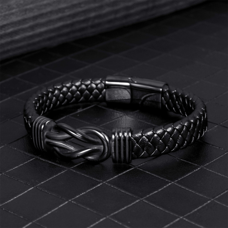 New Men's Stainless Steel Bracelet Personalized Hand-in-Hand Woven Leather Bracelet Fashion Simple Single Leather Bracelet