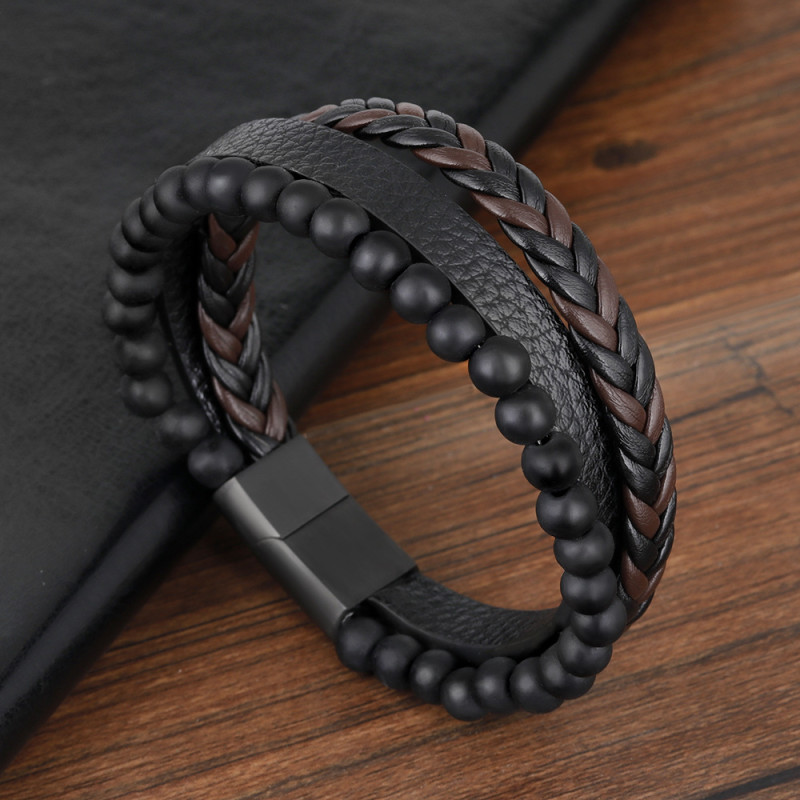 Cross-Border New Natural Frosted Beads Stainless Steel Leather Bracelet Titanium Steel Men's Jewelry Beaded Hand Accessories European and American Accessories