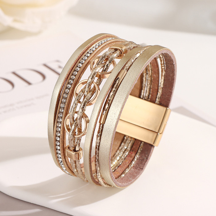 2025 New Multi-Layer PU Leather Bracelet with Rhinestones Fashion Round Magnet Clasp Bangle Personalized Jewelry in S...