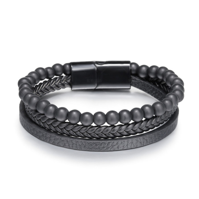 Simple Handwoven Leather Natural Tiger Eye Stone Bracelet Handwoven Volcanic Stone Beaded Men's Bracelet in Stock