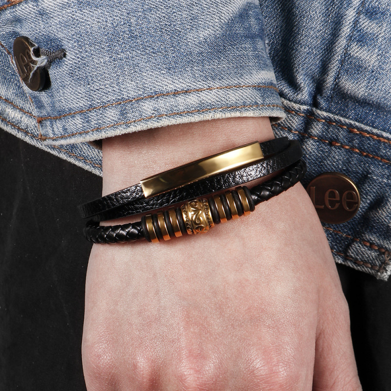 Cross-border Stainless Steel Vintage Leather Woven Bracelet for Men Titanium Steel Magnetic Clasp Multi-layer Woven Bangle Jewelry Wholesale