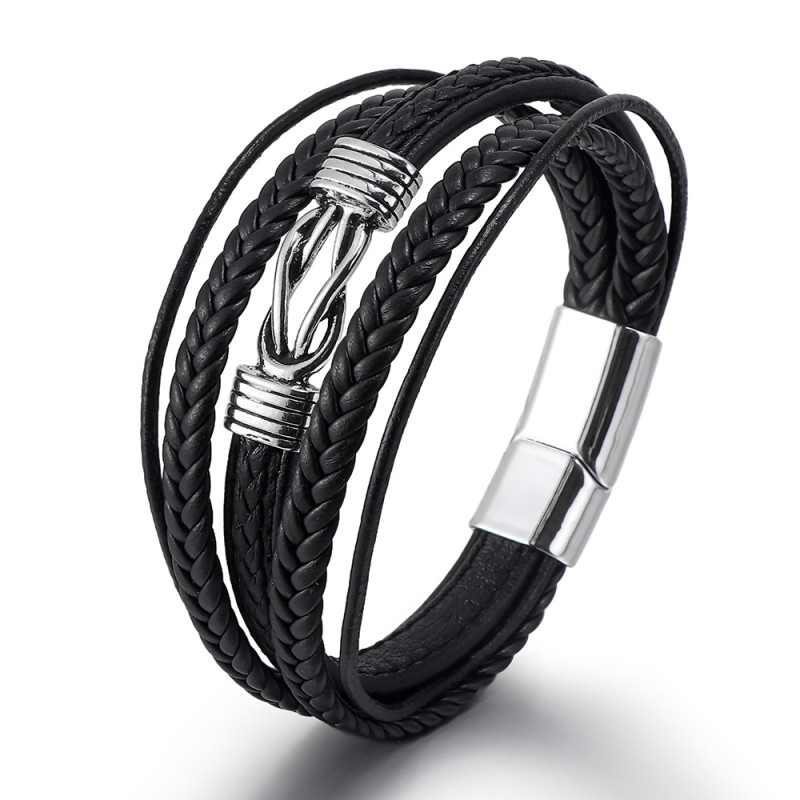 Cross-Border Eight-Character Wireless Symbol Knot Buckle Men's Leather Bracelet Punk Style Multi-Layer Hand-Woven Bracelet