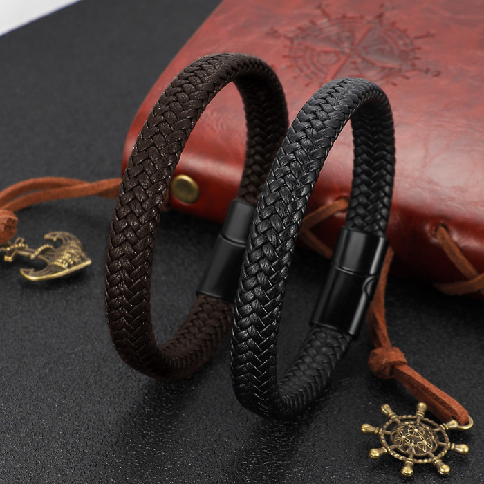 Cross-border E-commerce Simple Multi-layer Genuine Leather Bracelet Men's Fashion Hand-woven Alloy Magnetic Clasp Bracelet In Stock Wholesale
