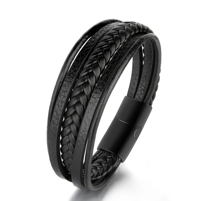 Cross-border E-commerce Vintage Cowhide Rope Bracelet Hand-woven Leather Stainless Steel Bracelet Titanium Steel Men's Bracelet