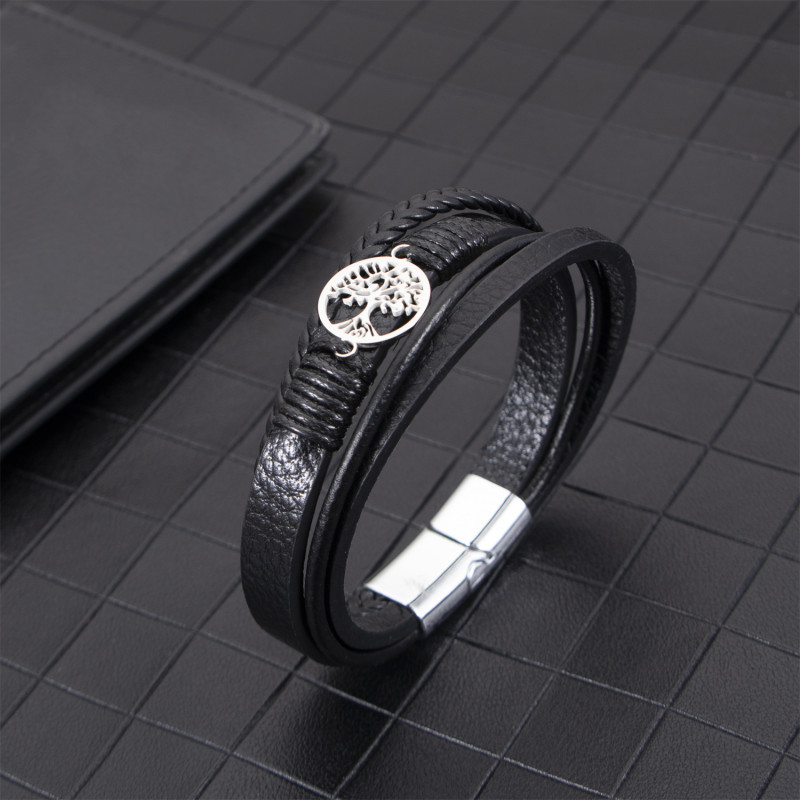 Foreign Trade Fashion Personality Stainless Steel Tree of Life Accessories Bracelet Wholesale Multi-layer Woven Men's Versatile Leather Bracelet
