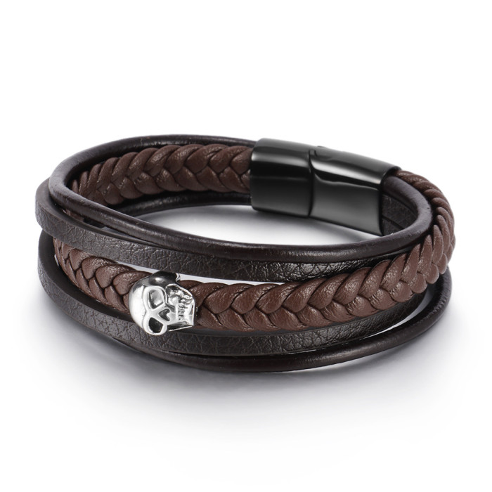 Amazon Original Alternative Punk Titanium Steel Leather Bracelet Men's Stainless Steel Magnetic Buckle Braided Twist...