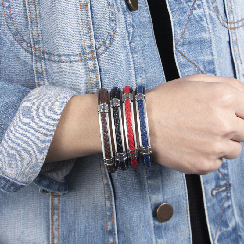 2024 Cross-Border New Fashion Simple Woven Stainless Steel Thread Leather Bracelet Men's Titanium Steel Personality Trendy Wristband
