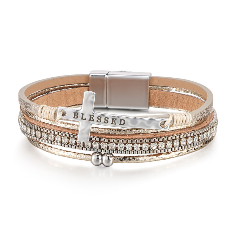 Bohemian Style Cross Multi-layer Bracelet New Exotic Ethnic Style Diamond Bracelet High-end Leather Bracelet