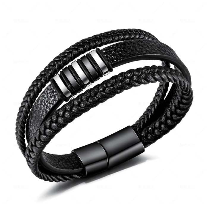 Multi-layer Hand-woven Cow Leather Stainless Steel Men's Bracelet Vintage Jewelry Titanium Steel Bangle Accessories