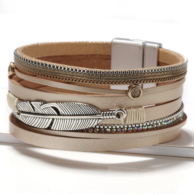Amazon Cross-Border Hot Sale Leather Rope Handmade Woven Bracelet Alloy Feather Leaf Bracelet Women's Jewelry Wholesale