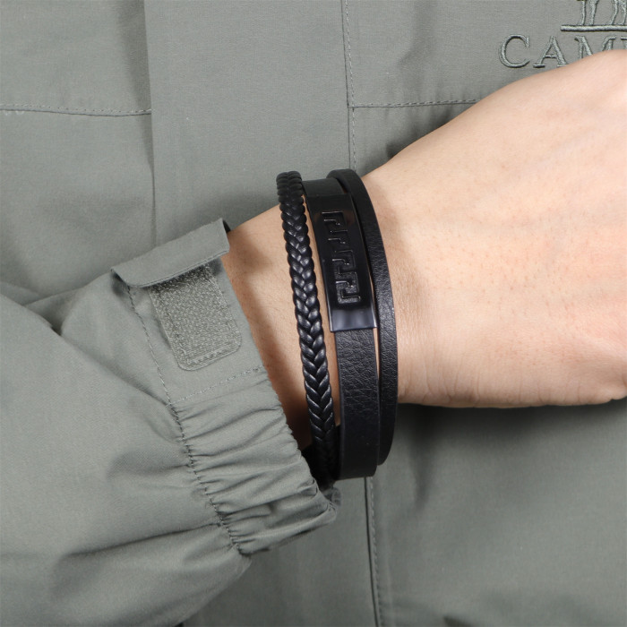 Amazon New Zinc Alloy PU Leather Bracelet Simple Fashion Titanium Steel Jewelry Wholesale Men's Woven Bracelet
