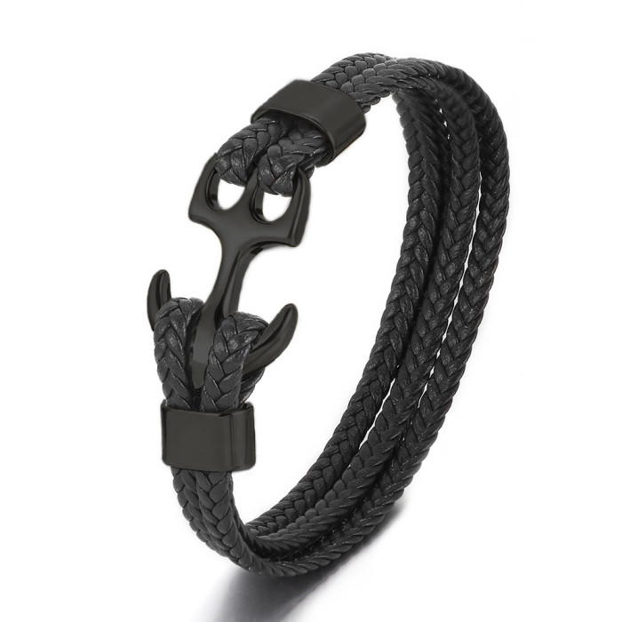 Amazon Hot Sale Men's Stainless Steel Anchor Bracelet Vintage Braided Leather Cord Multi-layer Leather Bracelet In Stock Wholesale