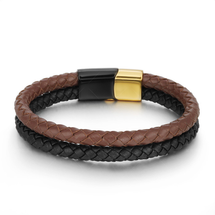 Cross-Border New Retro Men's Leather Rope Braided Multi-Layer Bracelet Stainless Steel Magnetic Clasp Bracelet Titanium Steel Jewelry