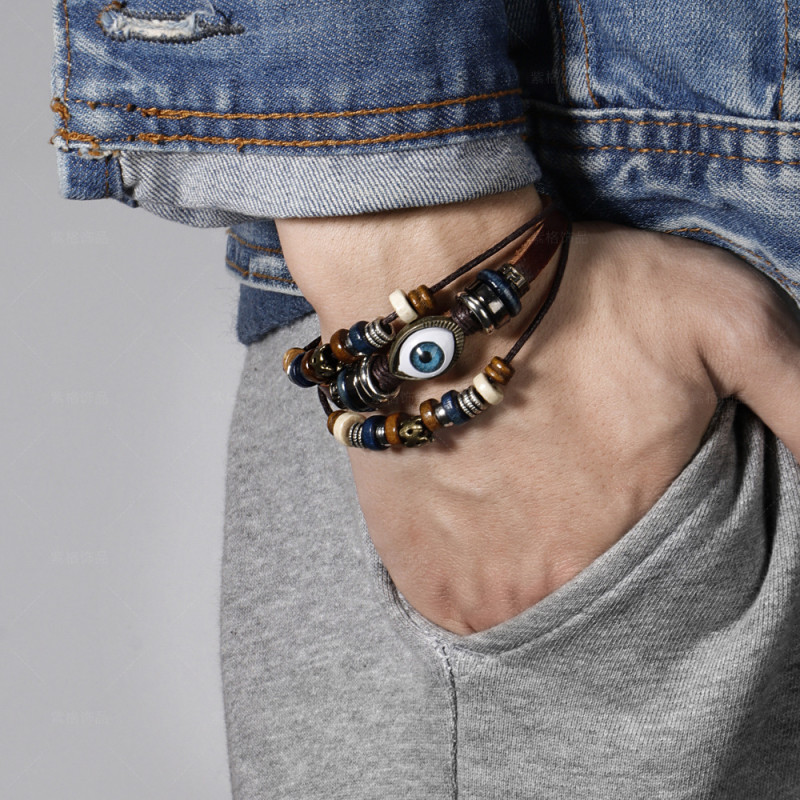 Cross-Border Trendy Ethnic Style Multi-Layer Cowhide Hand-Woven Beaded Eye Leather Cord Bracelet Adjustable Couple Bracelet