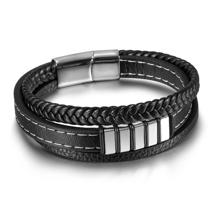 Amazon Style Stainless Steel Leather Bracelet Men's Handmade Threaded Multi-layer Woven Titanium Steel Bangle