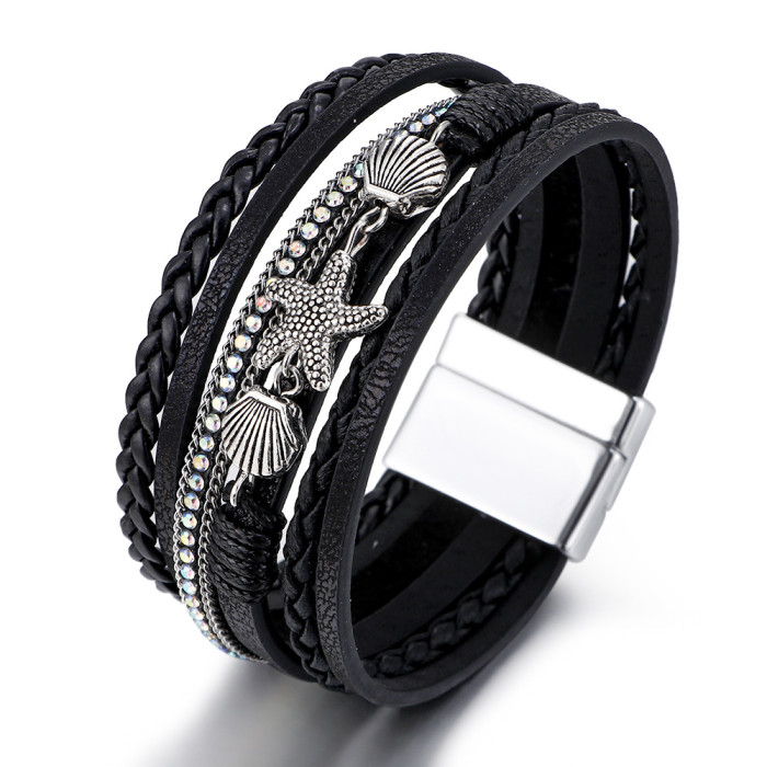 Amazon New Summer Starfish Shell Bracelet Women's Handmade Woven Leather Bohemian Bracelet In Stock