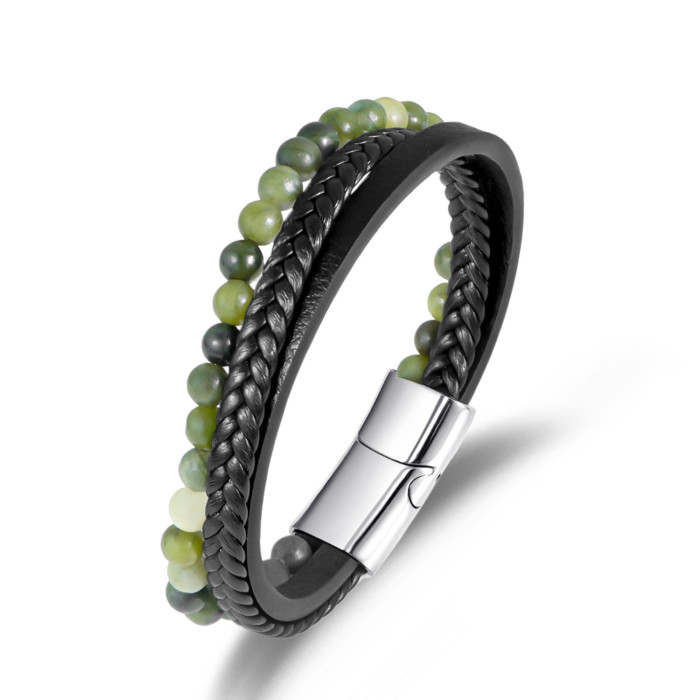 New Fashion Men's Beaded Bracelet Simple Woven Leather Bracelet High-end Versatile Alloy Magnetic Clasp Jewelry