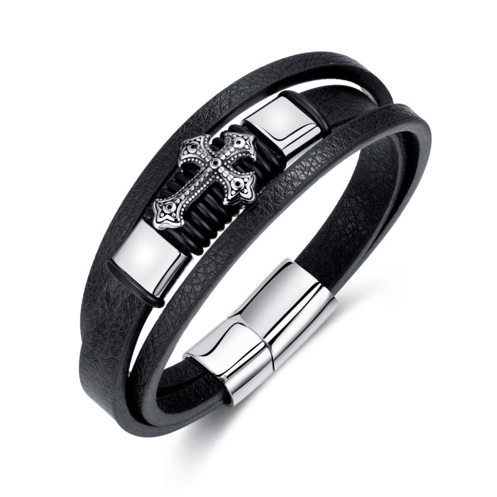 Fashion Simple Leather Multi-layer Bracelet Vintage Versatile Cross Bracelet Men's Style Alloy Magnetic Clasp Jewelry