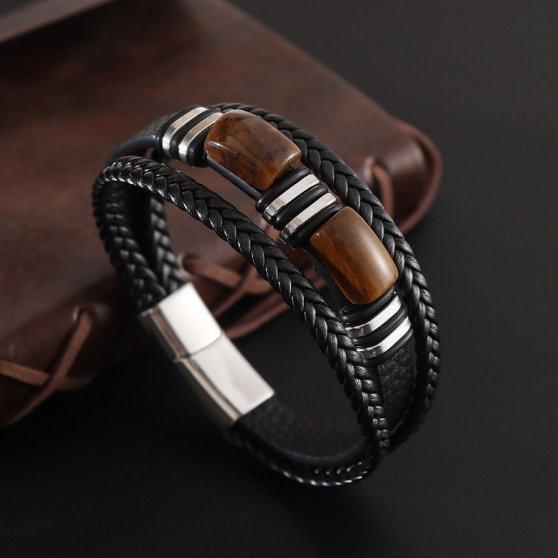 ​ ​ Cross-border Exclusive Natural Tiger Eye Stone Bracelet for Men Multi-layer Leather Woven Stainless Steel Magnetic Clasp Bangle