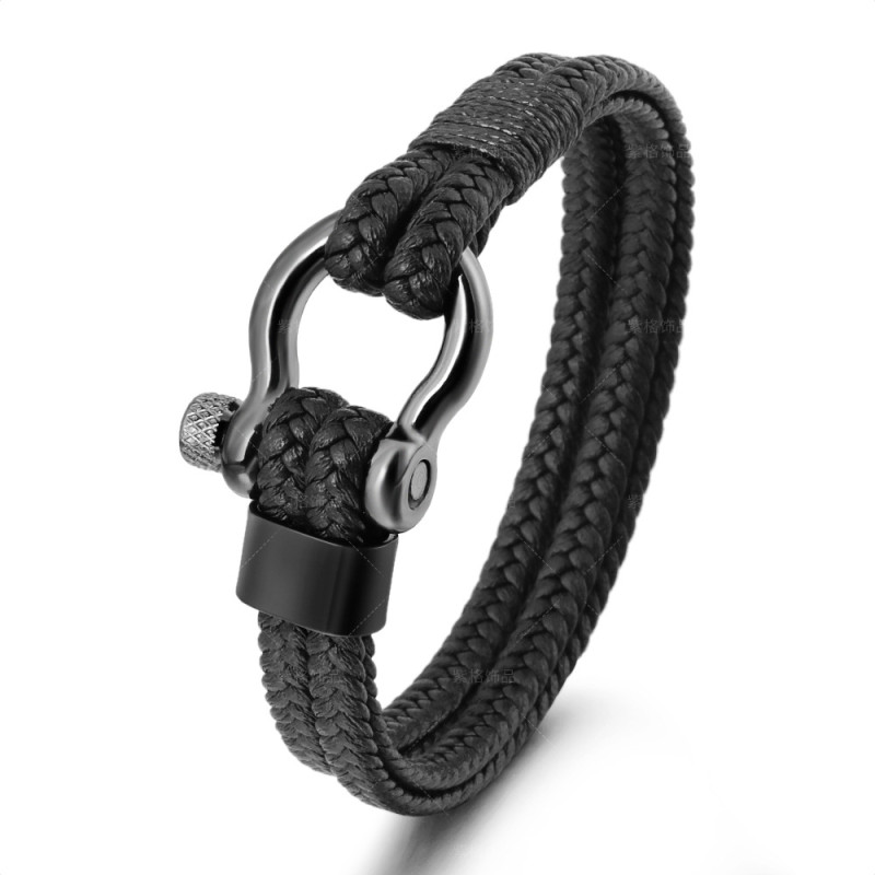 Cross-Border New Product Leather Rope Braided Horseshoe Buckle Stainless Steel Bracelet Men's Accessories Titanium Steel Retro Jewelry European and American Bracelet