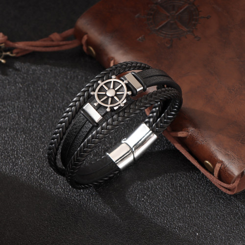 European and American Fashion Multi-layer Woven Zinc Alloy Rudder Bracelet for Men Cross-border Simple Trendy Leather Bracelet Jewelry