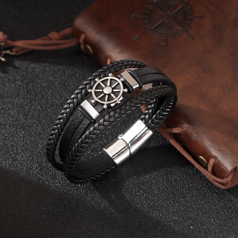 European and American Fashion Multi-layer Woven Zinc Alloy Rudder Bracelet for Men Cross-border Simple Trendy Leather Bracelet Jewelry