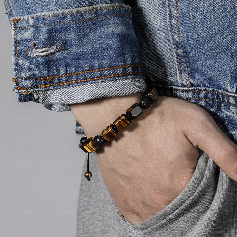Cross-border Hot Selling Natural Volcanic Stone White Crystal Bracelet for Men and Women Fashion Hand-woven Rectangular Agate Bracelet