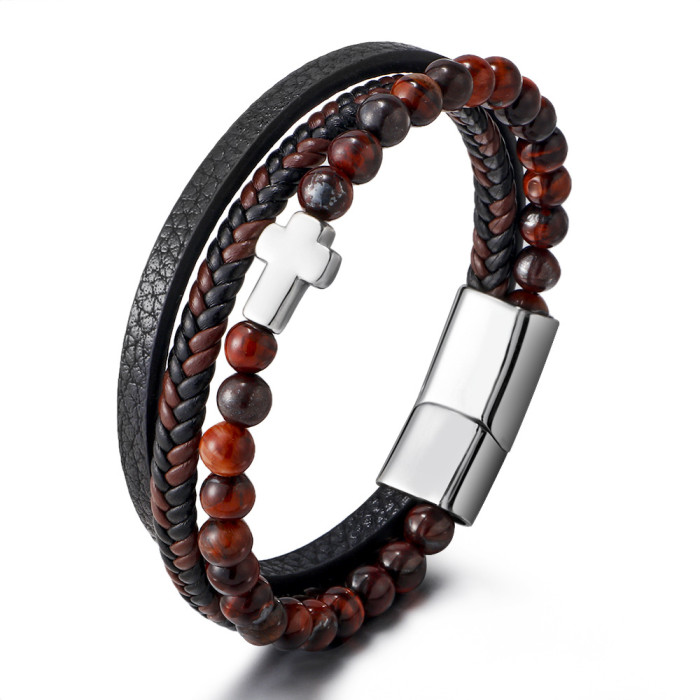 Hot Sale Stainless Steel Natural Tiger Eye Agate Stone Cross Bracelet Men's Titanium Steel Multi-Layer Braided Leather Bracelet