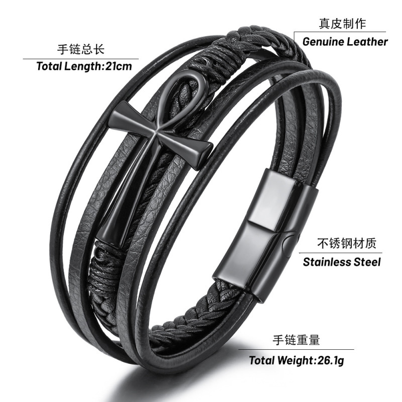 Cross-Border Hot Selling Multi-Layer Hand-Woven Cowhide Rope Stainless Steel Cross Bracelet Men's Titanium Steel Magnetic Clasp Bracelet