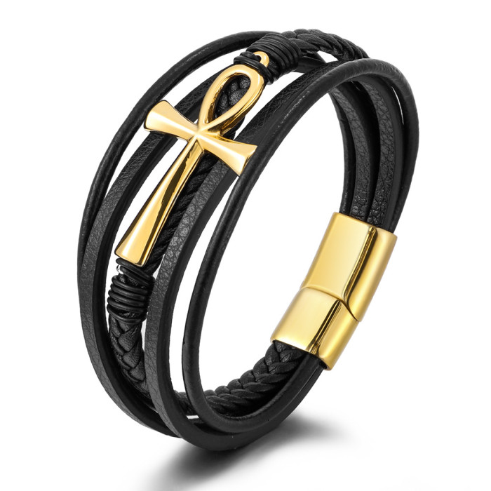 Cross-Border Hot Selling Multi-Layer Hand-Woven Cowhide Rope Stainless Steel Cross Bracelet Men's Titanium Steel Magnetic Clasp Bracelet