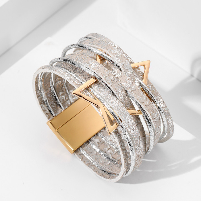 New Bohemian Style Bracelet Multi-layer Alloy Magnetic Clasp Fashion Star-shaped Style Leather Bracelet