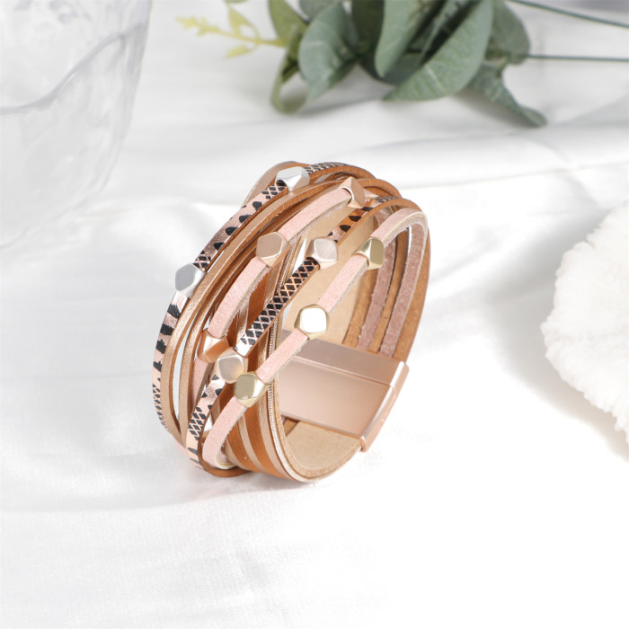 Hot Selling PU Leather Bracelet for Women Alloy Magnetic Clasp Cross Bracelet High-End Ethnic Style Bangle