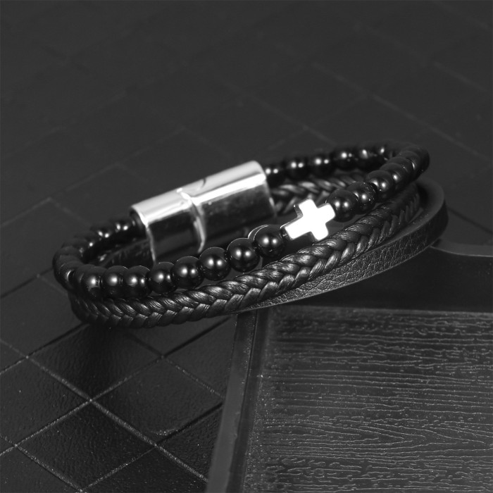Cross-border Cross Multi-layer Black Gallstone Bracelet Personality Fashion New Woven PU Leather Bracelet Alloy Magnetic Clasp Jewelry