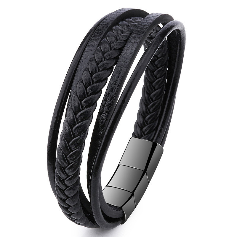 Cross-Border E-commerce New Product European and American Retro Hand-Woven Men's Stainless Steel Leather Bracelet Titanium Steel Bangle Jewelry