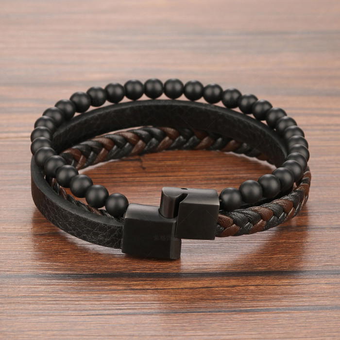 New Natural Frosted Beads Stainless Steel Leather Bracelet Titanium Steel Men's Jewelry Beaded Hand Accessories Accessories