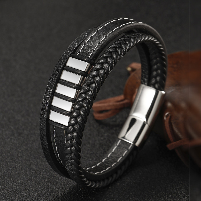 Amazon Style Stainless Steel Leather Bracelet Men's Handmade Threaded Multi-layer Woven Titanium Steel Bangle